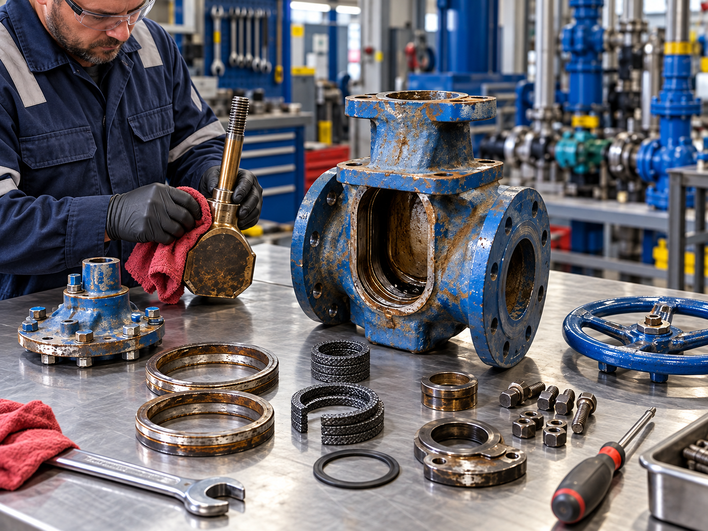 Manutenção de válvula industrial em oficina